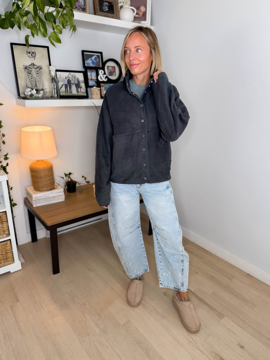 Janelle Snap Button Fleece Jacket- DARK GREY