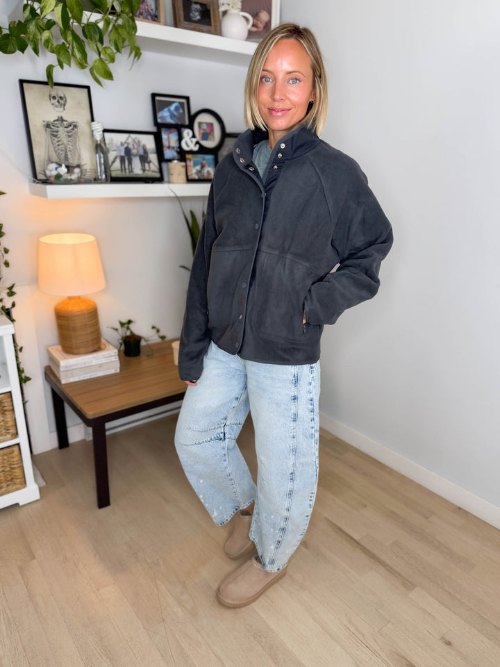 Janelle Snap Button Fleece Jacket- DARK GREY