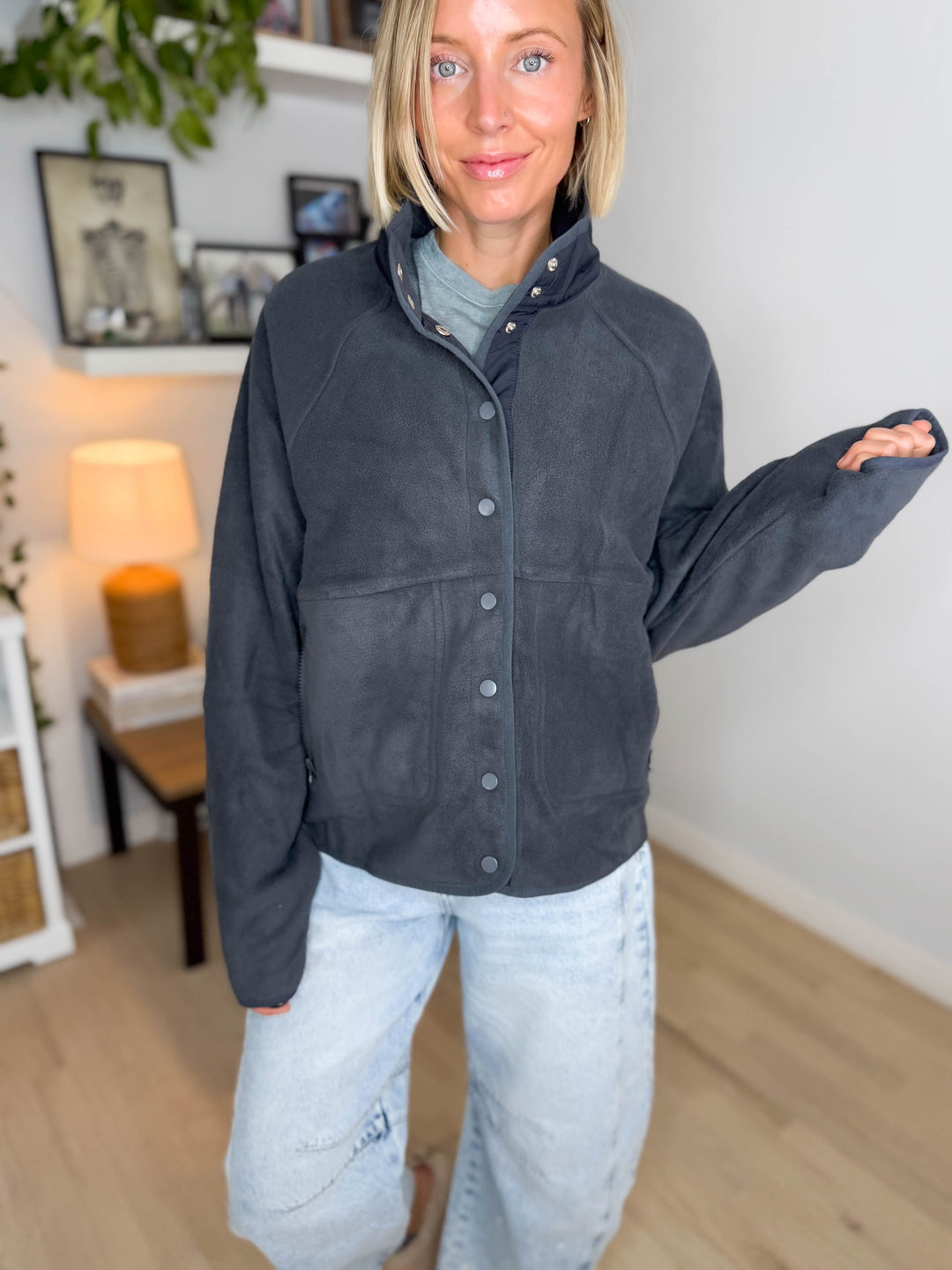 Janelle Snap Button Fleece Jacket- DARK GREY