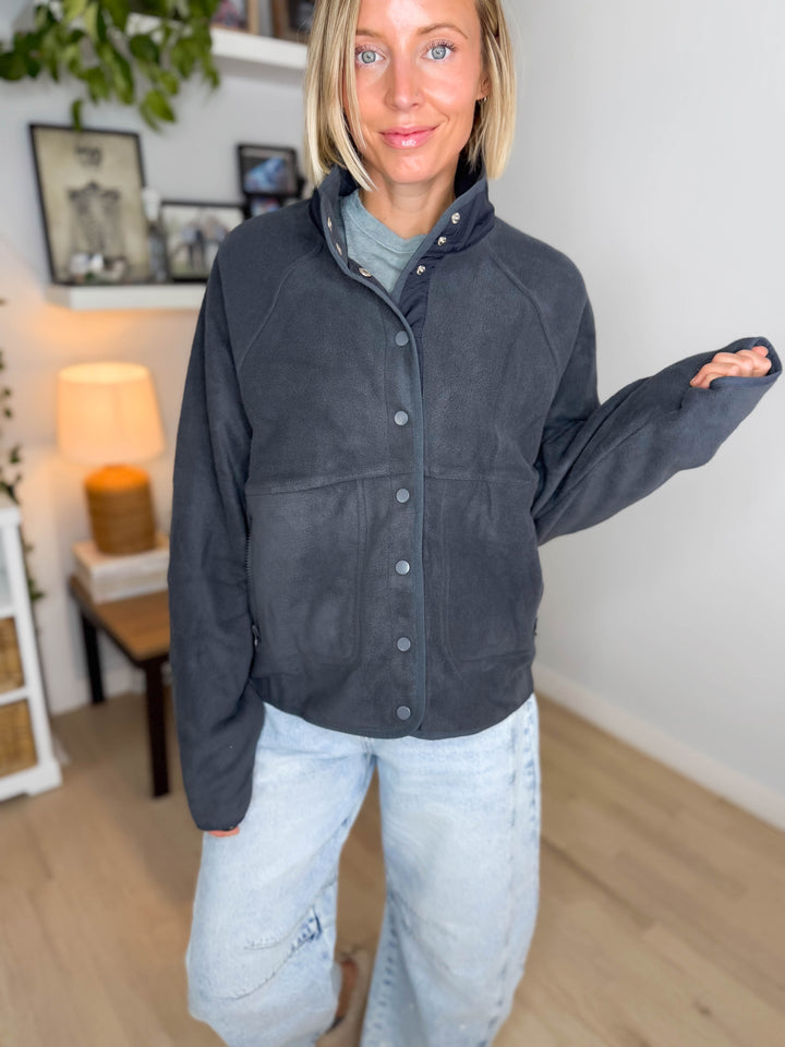 Janelle Snap Button Fleece Jacket- DARK GREY