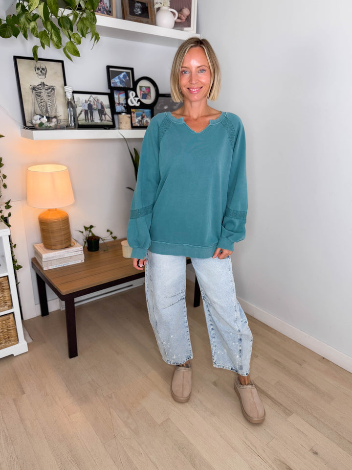 Irini Lace Accent Vintage Washed Pullover- TEAL