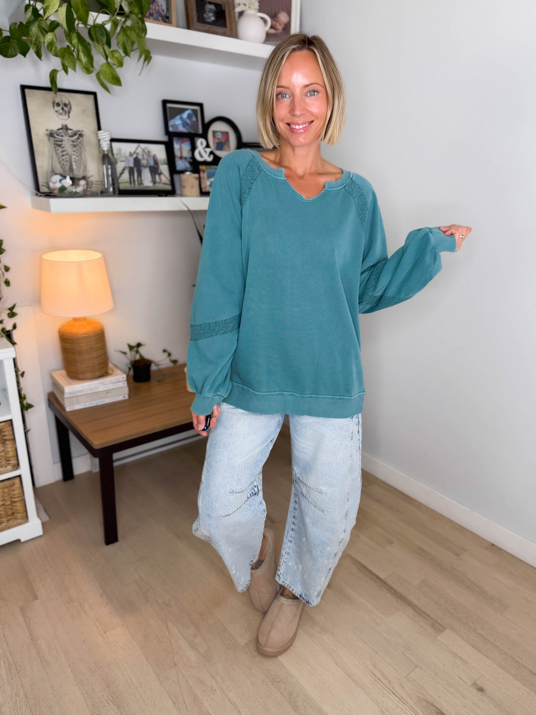 Irini Lace Accent Vintage Washed Pullover- TEAL