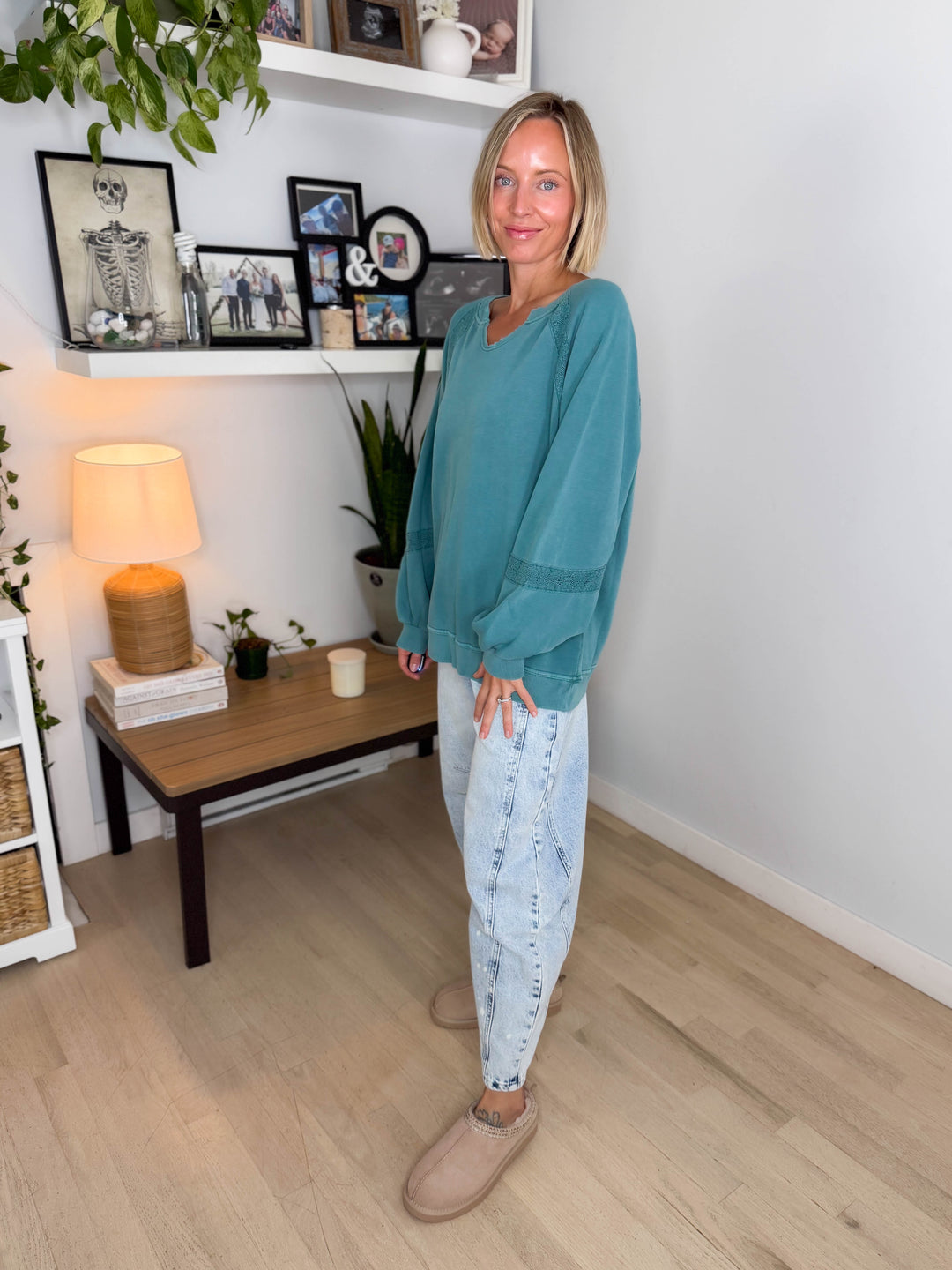 Irini Lace Accent Vintage Washed Pullover- TEAL