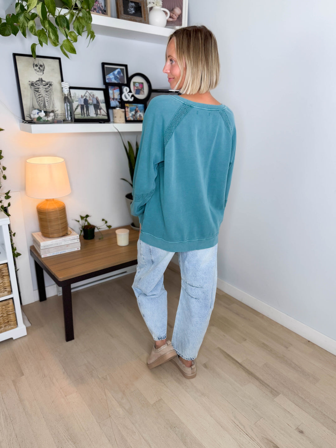 Irini Lace Accent Vintage Washed Pullover- TEAL