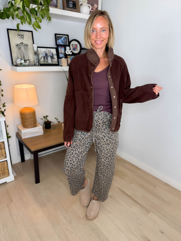 Janelle Snap Button Fleece Jacket- DARK BROWN