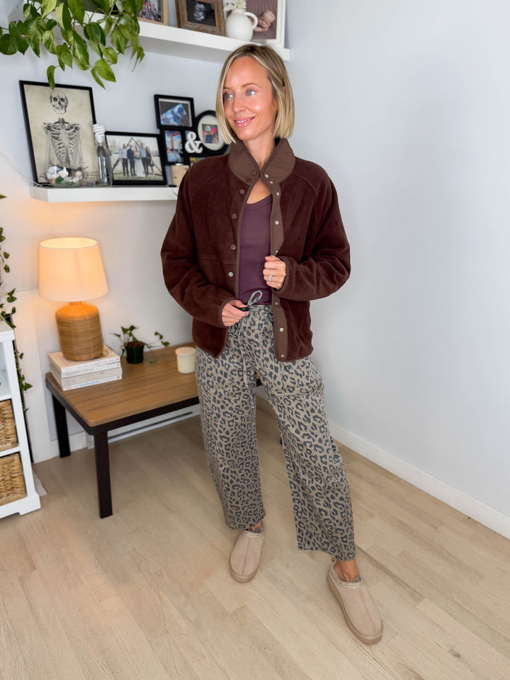 Janelle Snap Button Fleece Jacket- DARK BROWN