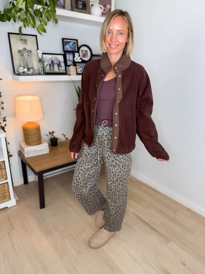 Janelle Snap Button Fleece Jacket- DARK BROWN