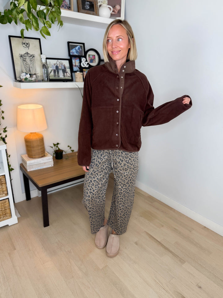 Janelle Snap Button Fleece Jacket- DARK BROWN