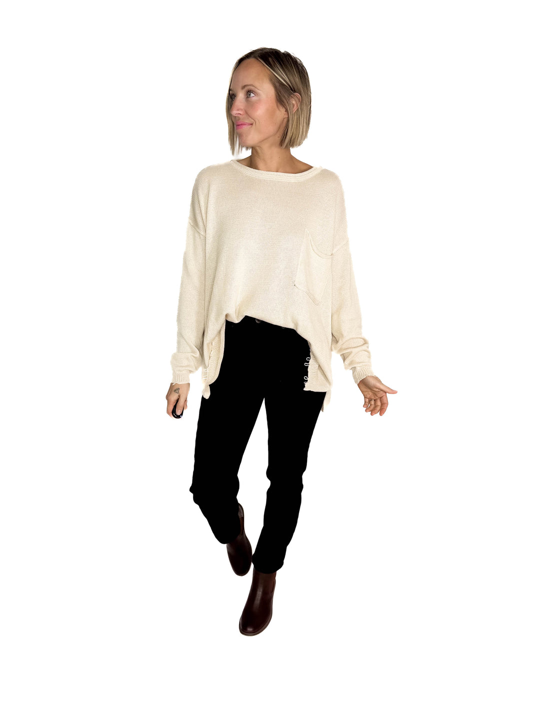 Sona Distressed Tunic Sweater- OATMEAL