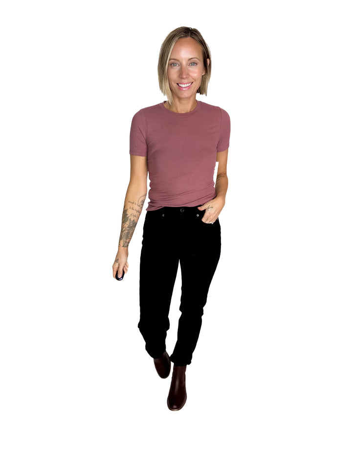 Linley Short Sleeve Micro Ribbed Athleisure Top- ROSE TAUPE