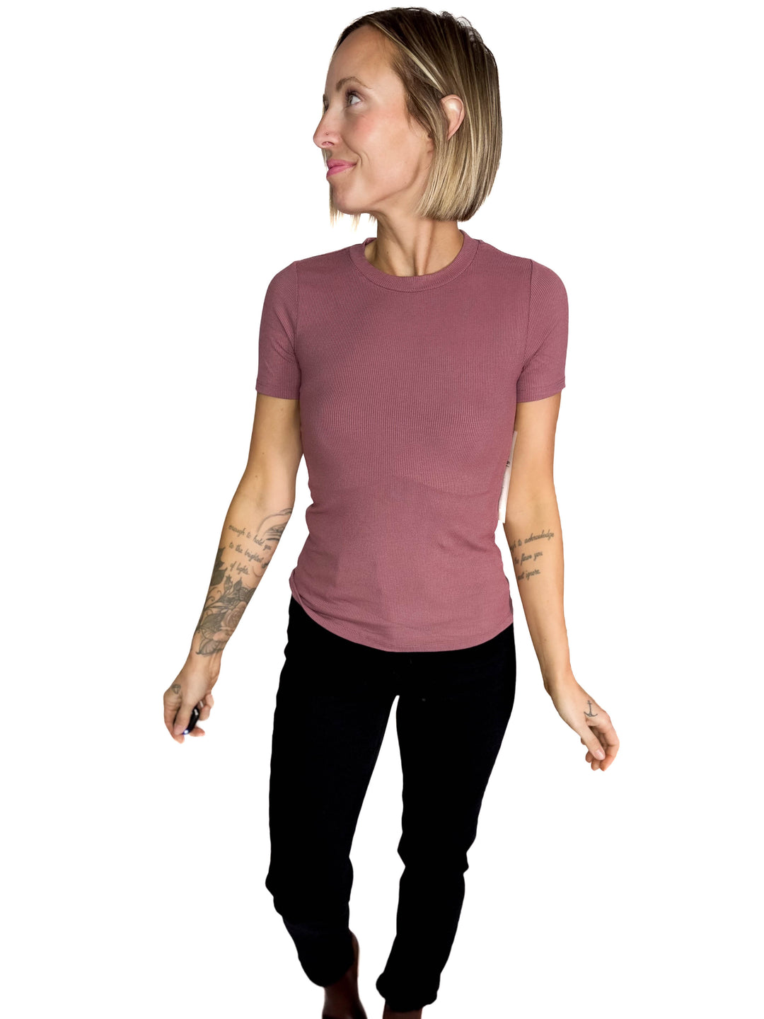 Linley Short Sleeve Micro Ribbed Athleisure Top- ROSE TAUPE