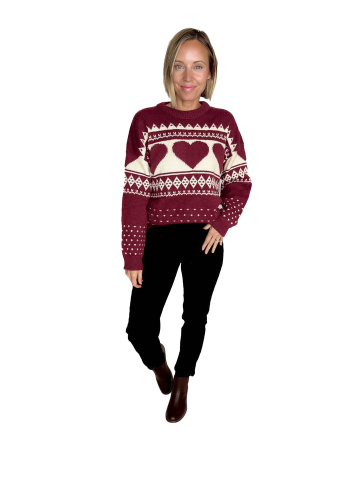 Heart Song Crew Neck Sweater- BURGUNDY/CREAM