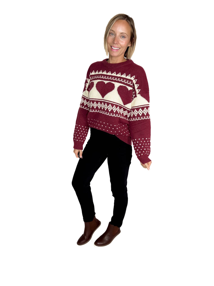 Heart Song Crew Neck Sweater- BURGUNDY/CREAM