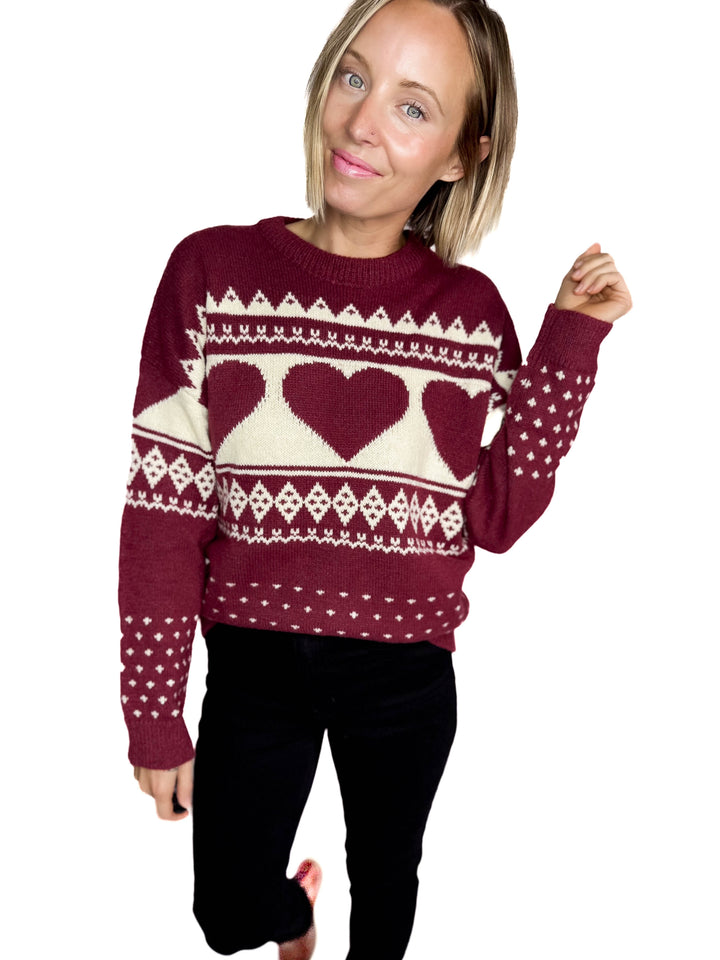 Heart Song Crew Neck Sweater- BURGUNDY/CREAM