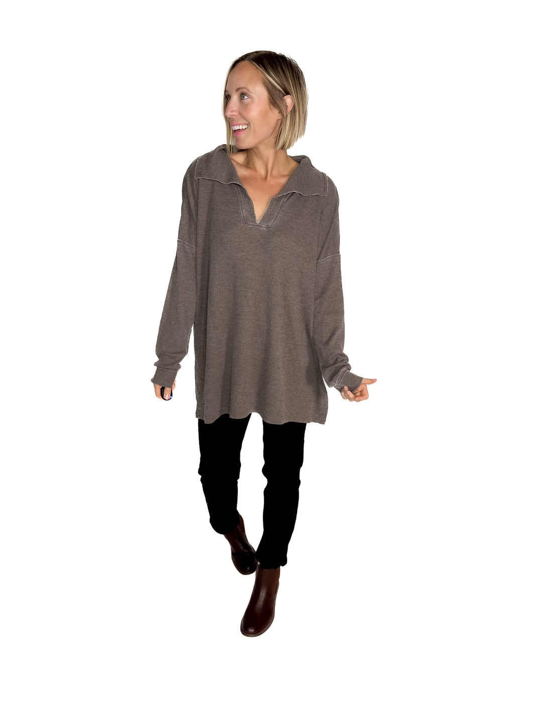 MONO B Arlen Cotton Blend Waffle Knit Oversized Long Sleeve- ESPRESSO-FINAL SALE