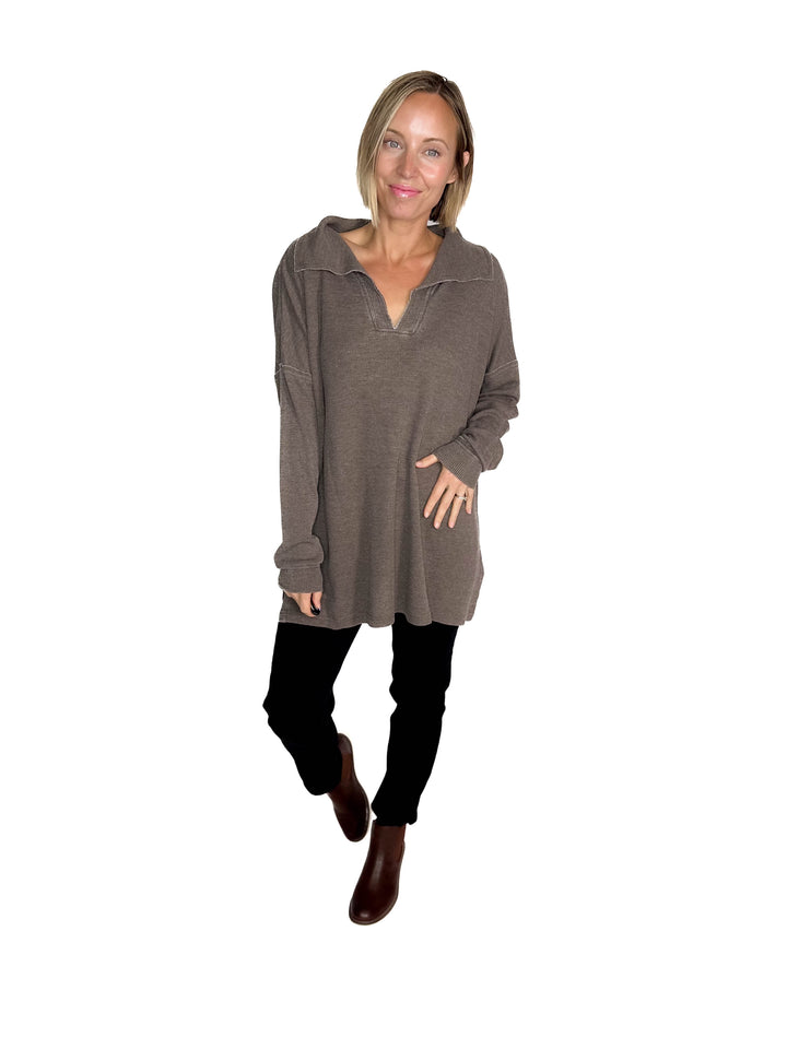 MONO B Arlen Cotton Blend Waffle Knit Oversized Long Sleeve- ESPRESSO-FINAL SALE