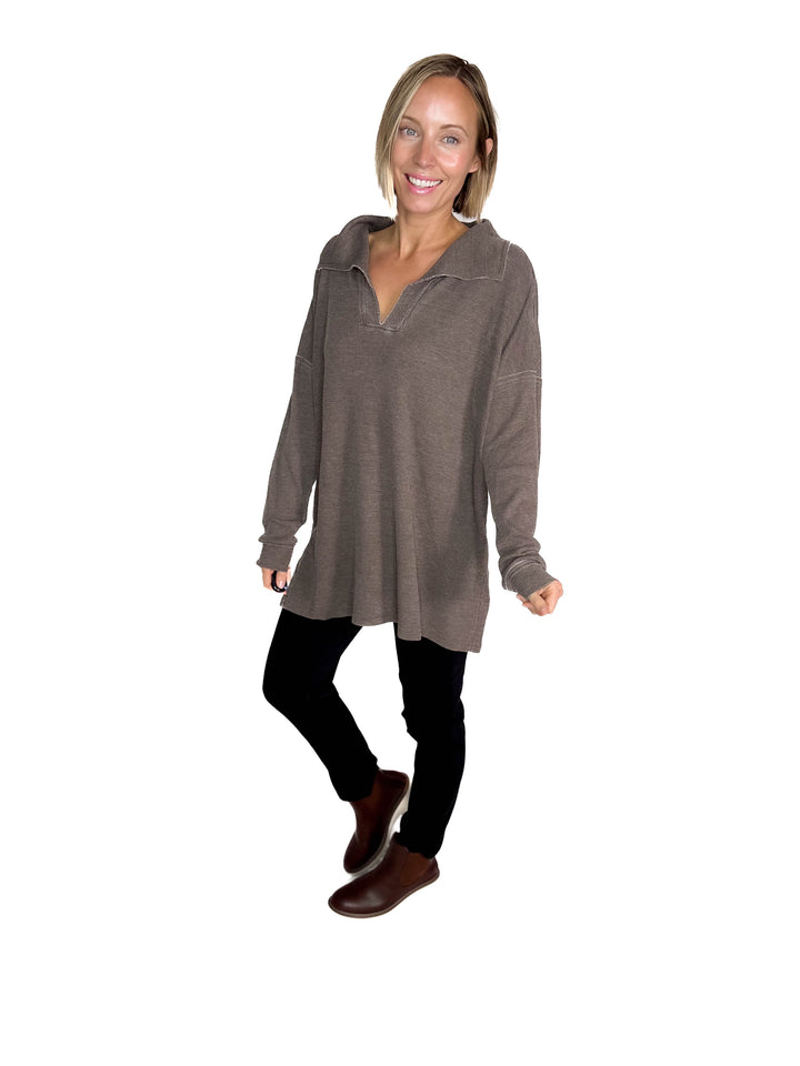 MONO B Arlen Cotton Blend Waffle Knit Oversized Long Sleeve- ESPRESSO-FINAL SALE