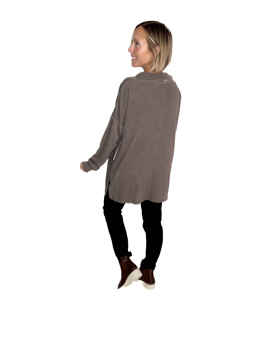 MONO B Arlen Cotton Blend Waffle Knit Oversized Long Sleeve- ESPRESSO-FINAL SALE