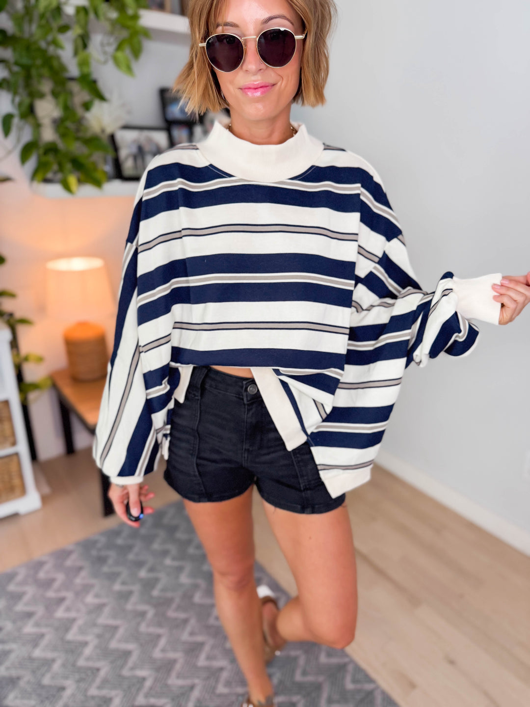 Holly Striped Oversized Crewneck Pullover-NAVY