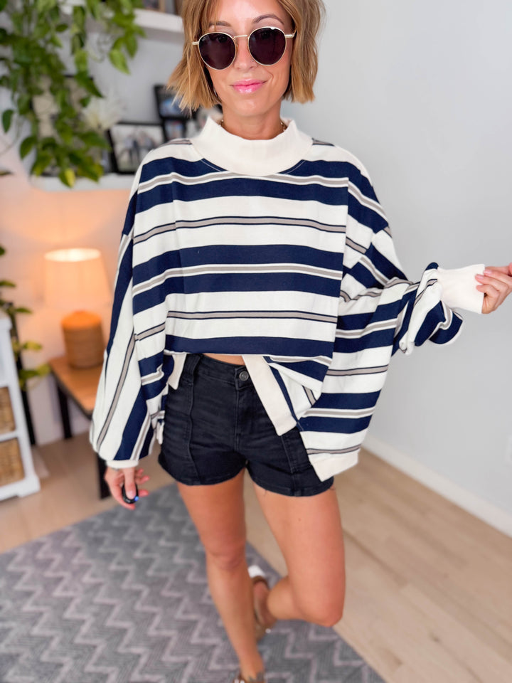 Holly Striped Oversized Crewneck Pullover-NAVY
