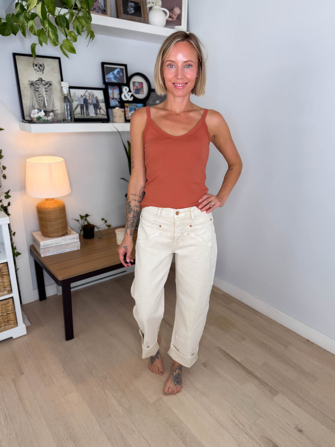 Saige Mapella Western Barrel High Rise Jeans- BEIGE