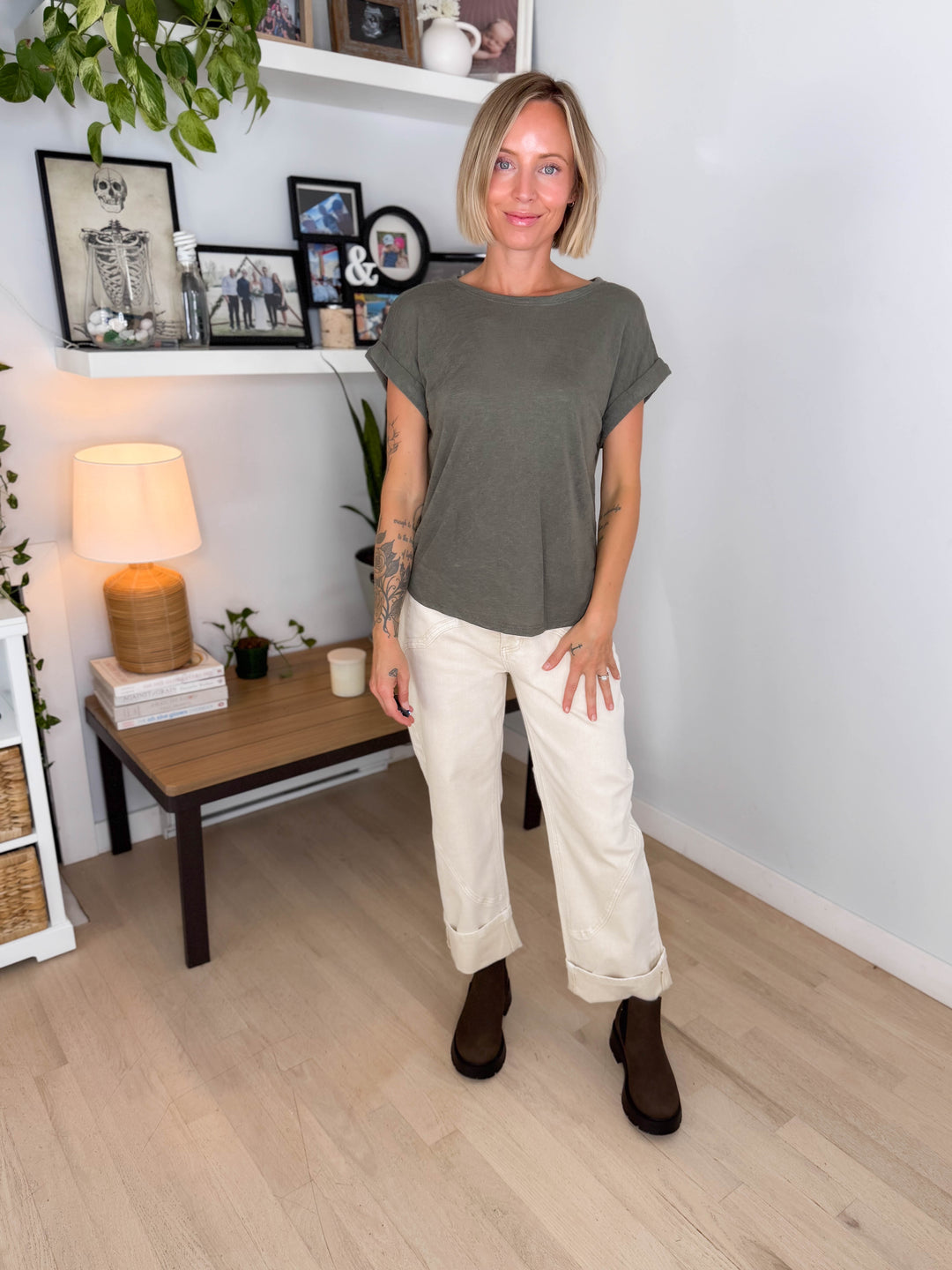 Glowelle Cuff Sleeve Round Neck Tee- OLIVE