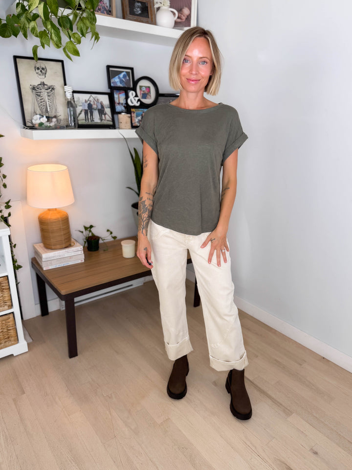 Glowelle Cuff Sleeve Round Neck Tee- OLIVE