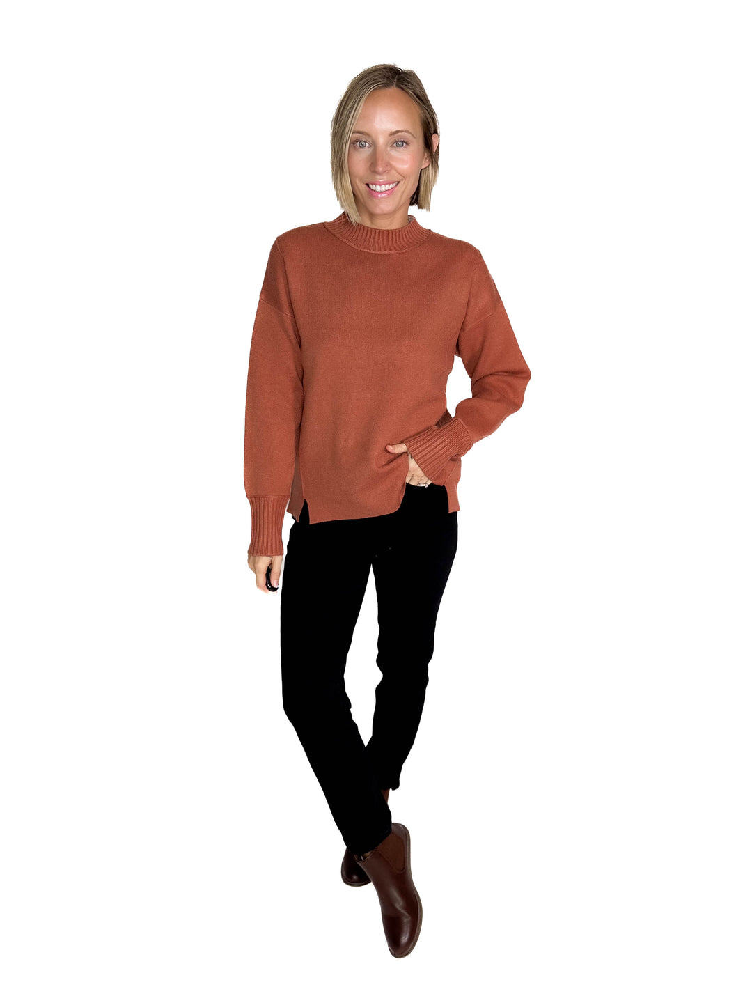 Kyra Mock Neck Long Sleeve Pullover With Side Slits- COPPER