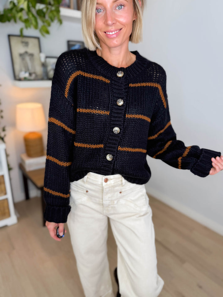 Julissa Button Down Striped Cardigan- BLACK