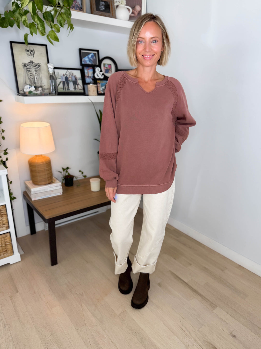 Irini Lace Accent Vintage Washed Pullover- BROWN