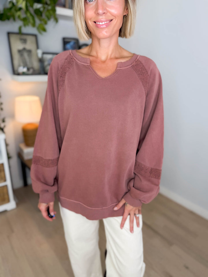 Irini Lace Accent Vintage Washed Pullover- BROWN