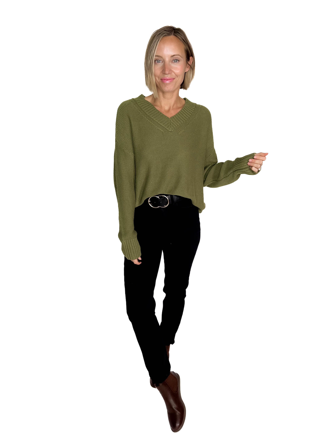 Vienna V-Neck Sweater- OLIVE-FINAL SALE