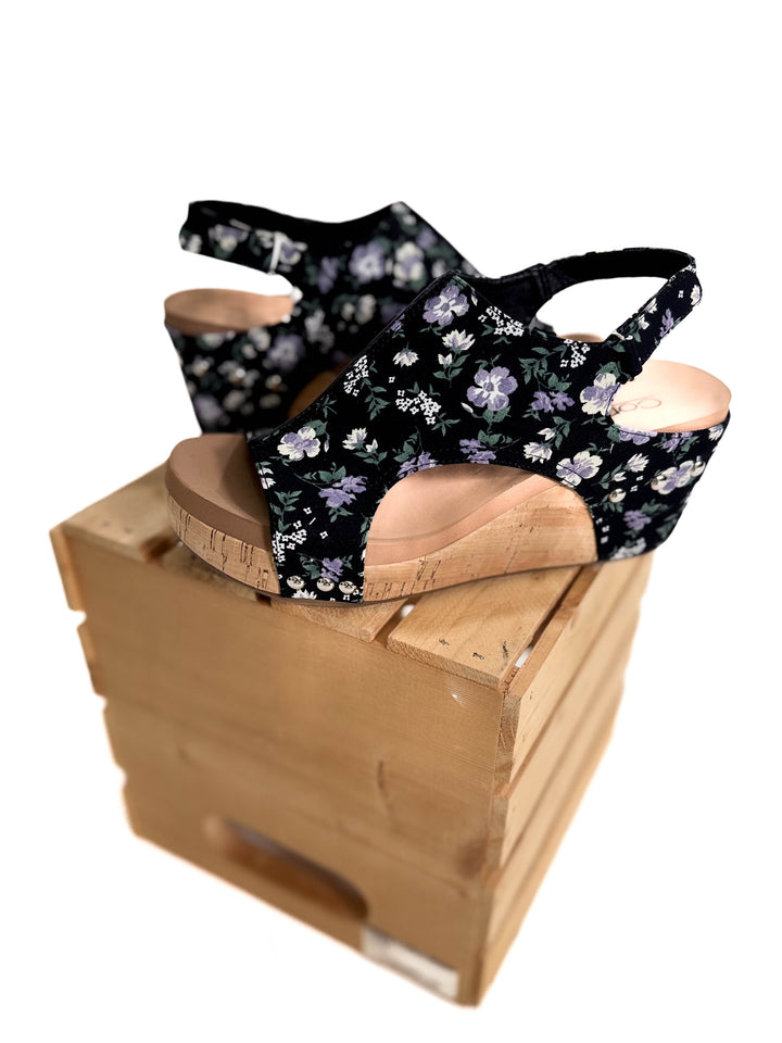 CORKYS Carley Comfort Wedge Sandal- BLACK FLORAL-FINAL SALE *10*