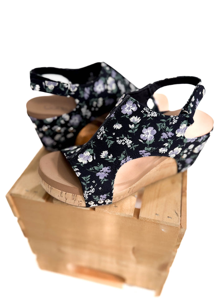 CORKYS Carley Comfort Wedge Sandal- BLACK FLORAL-FINAL SALE *10*