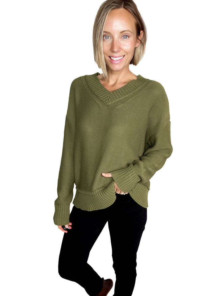 Vienna V-Neck Sweater- OLIVE-FINAL SALE
