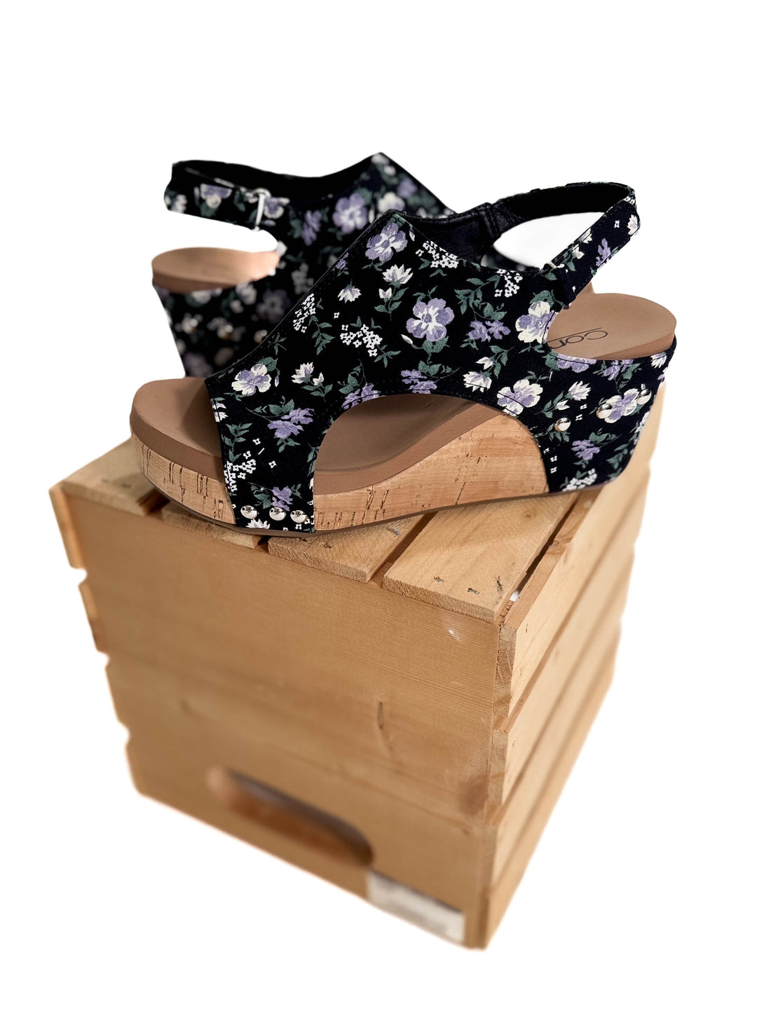CORKYS Carley Comfort Wedge Sandal- BLACK FLORAL-FINAL SALE *10*