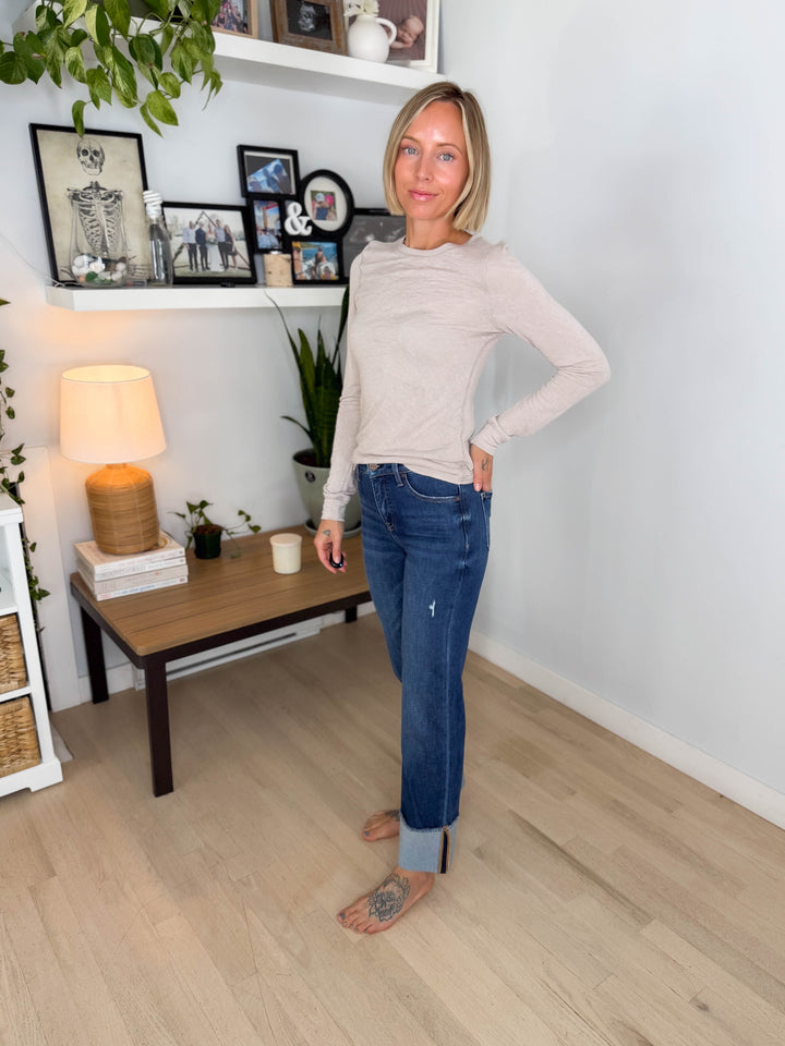 Risen Cinnele Mid Rise Tummy Control Straight Cuffed Jeans- DARK WASH