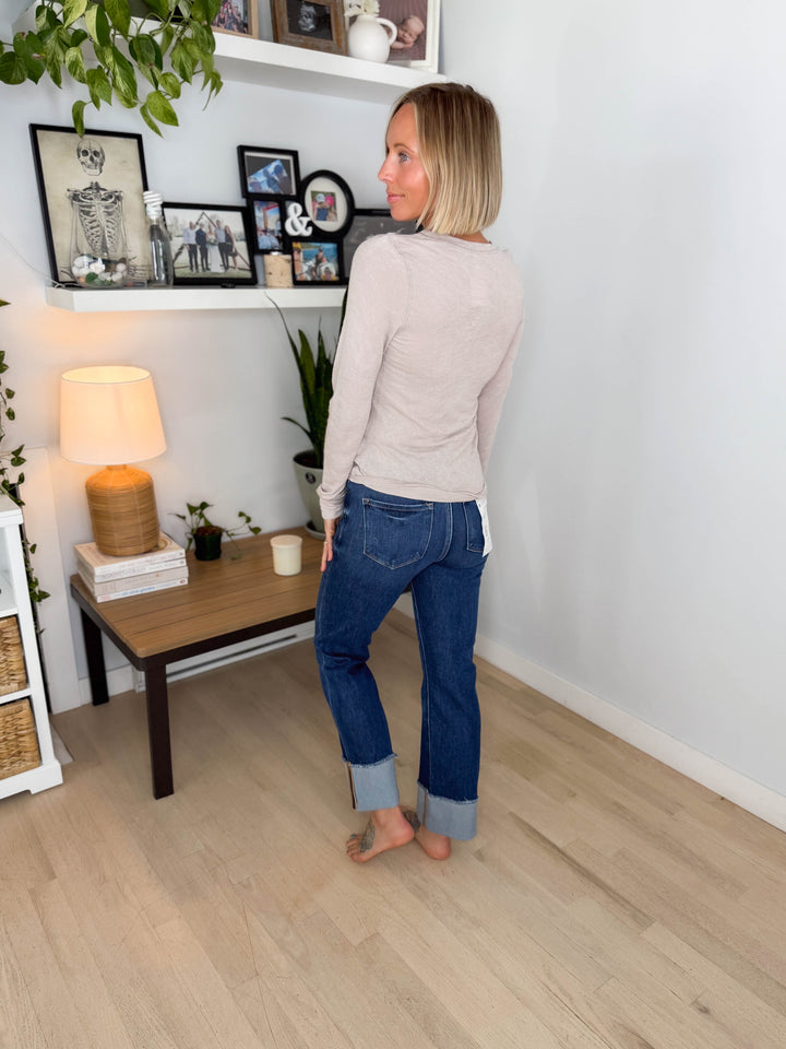 Risen Cinnele Mid Rise Tummy Control Straight Cuffed Jeans- DARK WASH