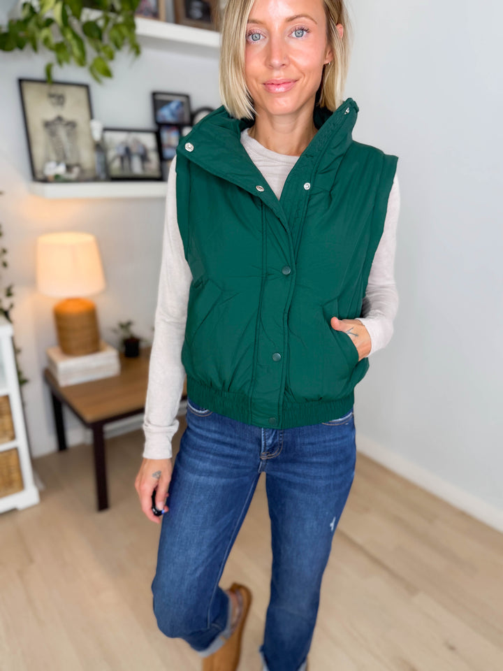 Eclipse Mock Neck Puffer Vest- HUNTER GREEN