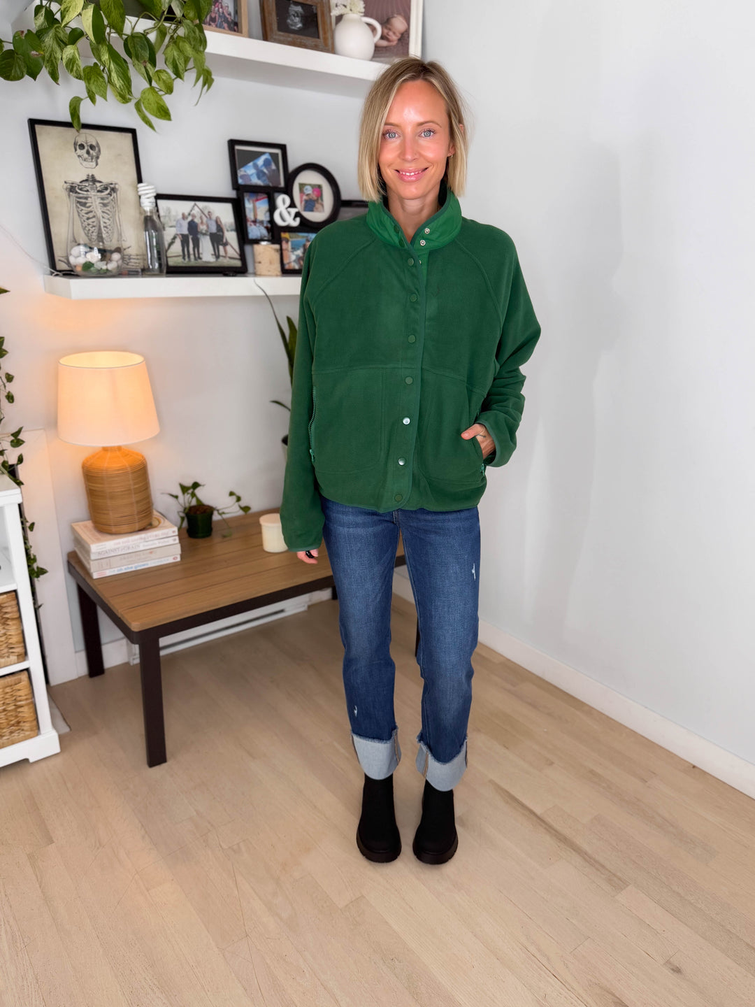 Janelle Snap Button Fleece Jacket- DARK GREEN