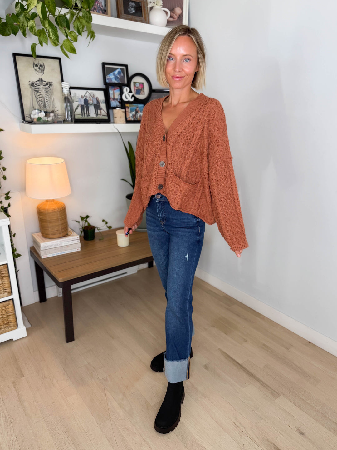 Romelle Cable Knit Button Cardigan- CAFE