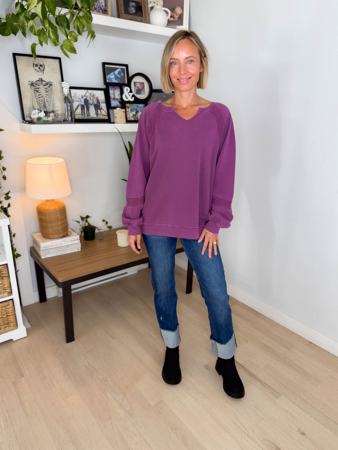 Irini Lace Accent Vintage Washed Pullover- PURPLE