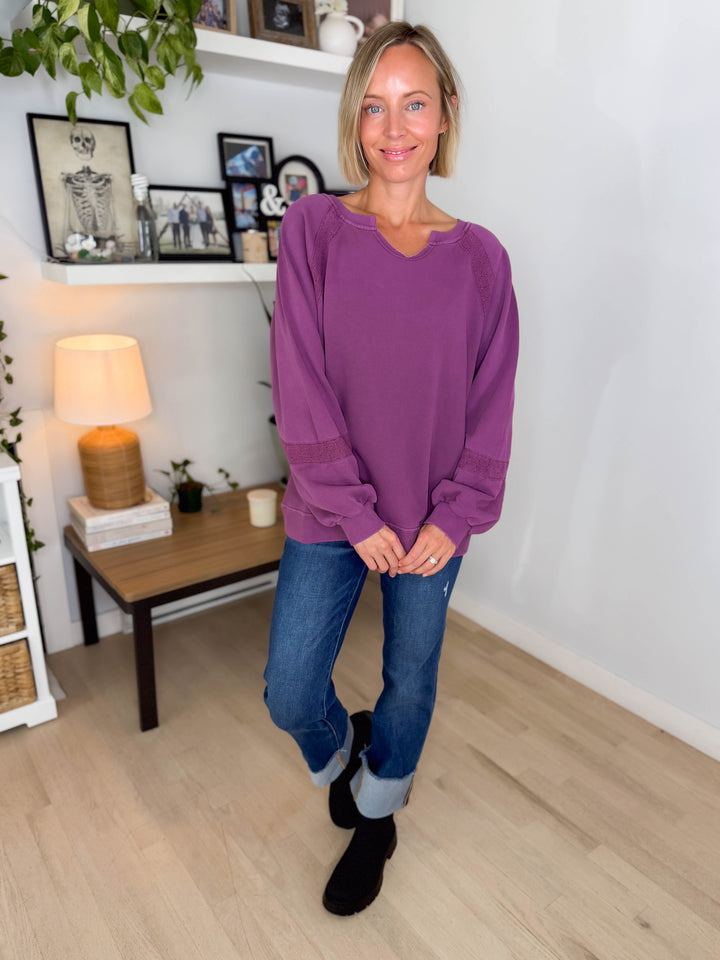 Irini Lace Accent Vintage Washed Pullover- PURPLE