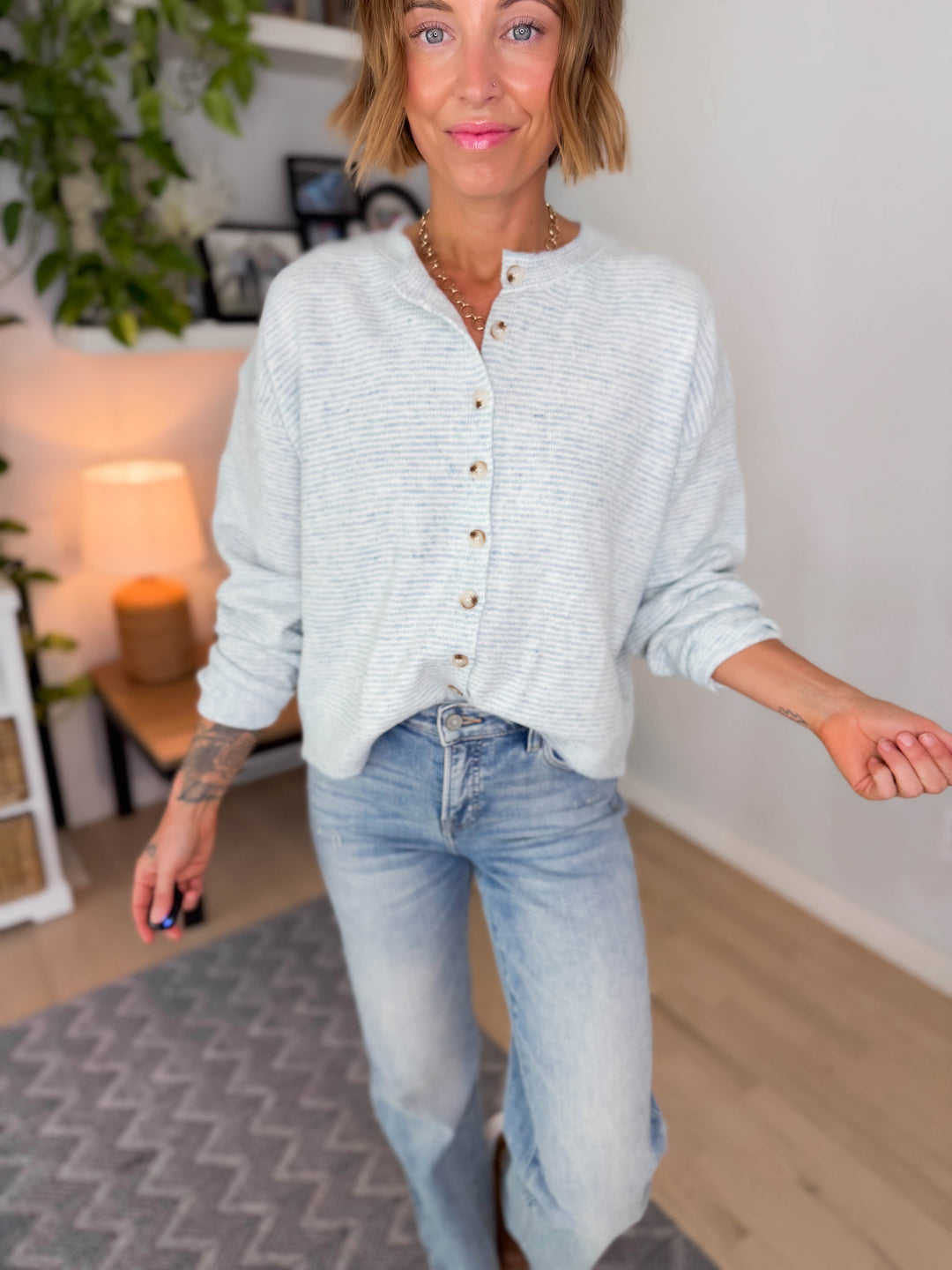 Beach Side Striped Button Up Sweater- MINT