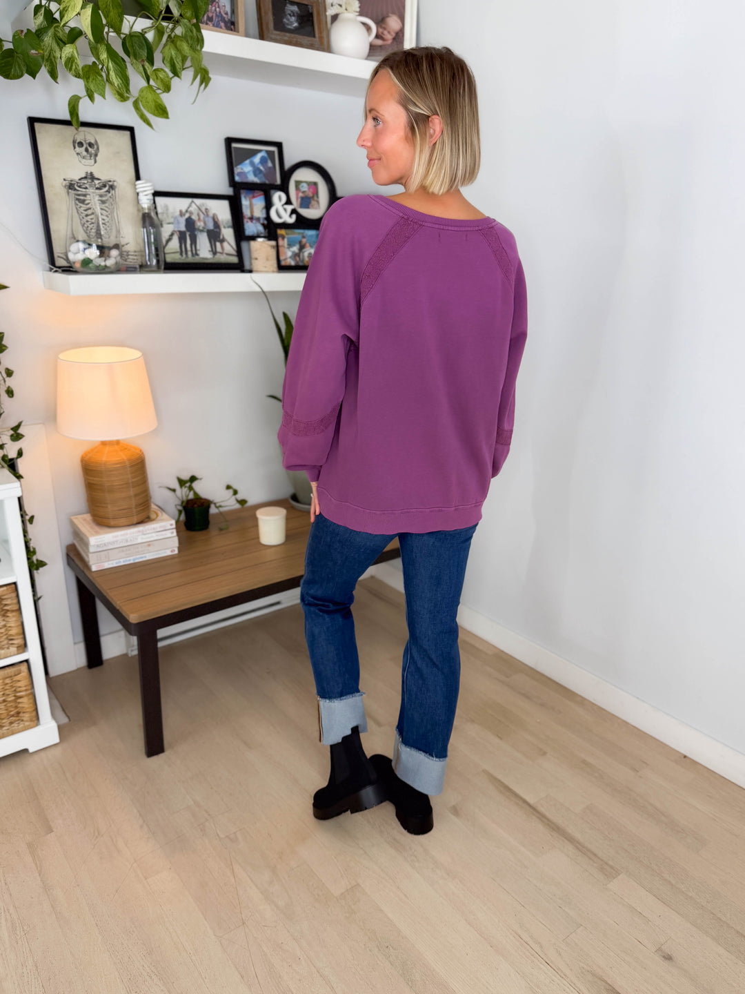 Irini Lace Accent Vintage Washed Pullover- PURPLE