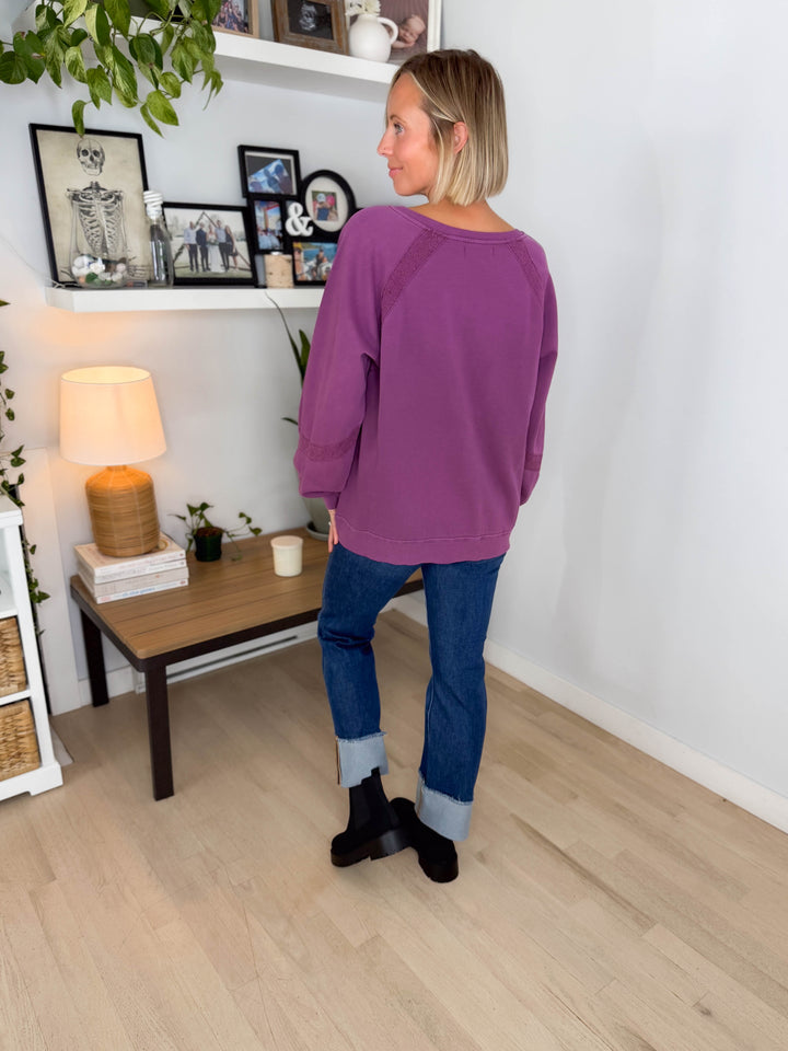 Irini Lace Accent Vintage Washed Pullover- PURPLE
