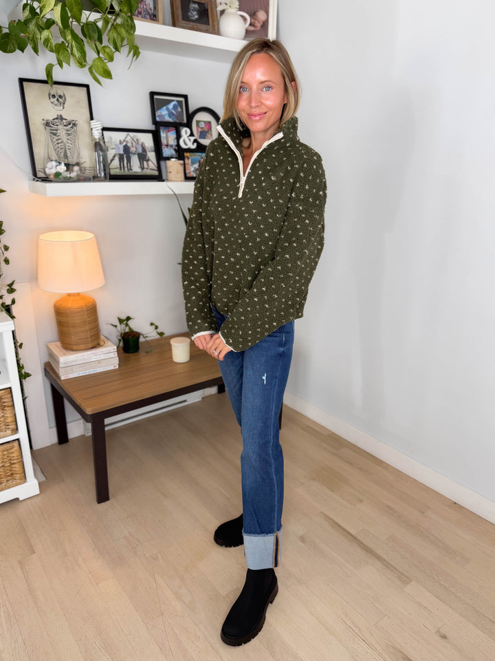 Goldina 1/4 Zip Sherpa Pullover- DARK OLIVE