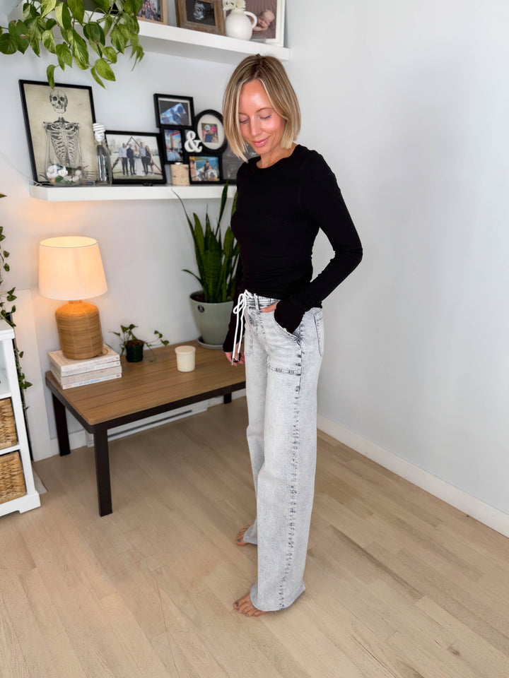 FLYING MONKEY Hazel High Rise Drawstring Wide Leg Jeans- ACID GREY