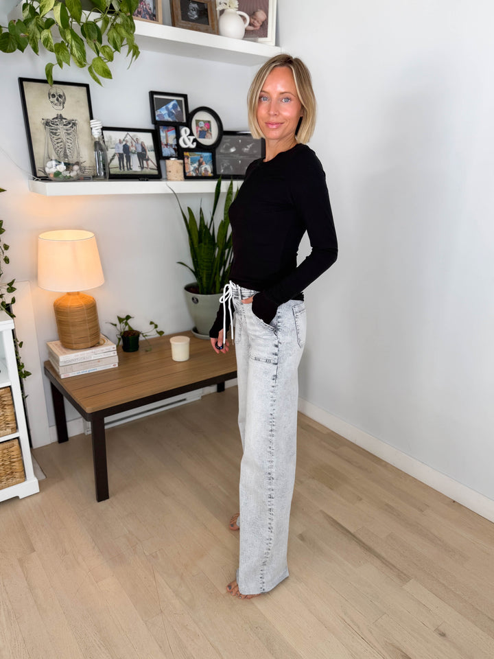FLYING MONKEY Hazel High Rise Drawstring Wide Leg Jeans- ACID GREY