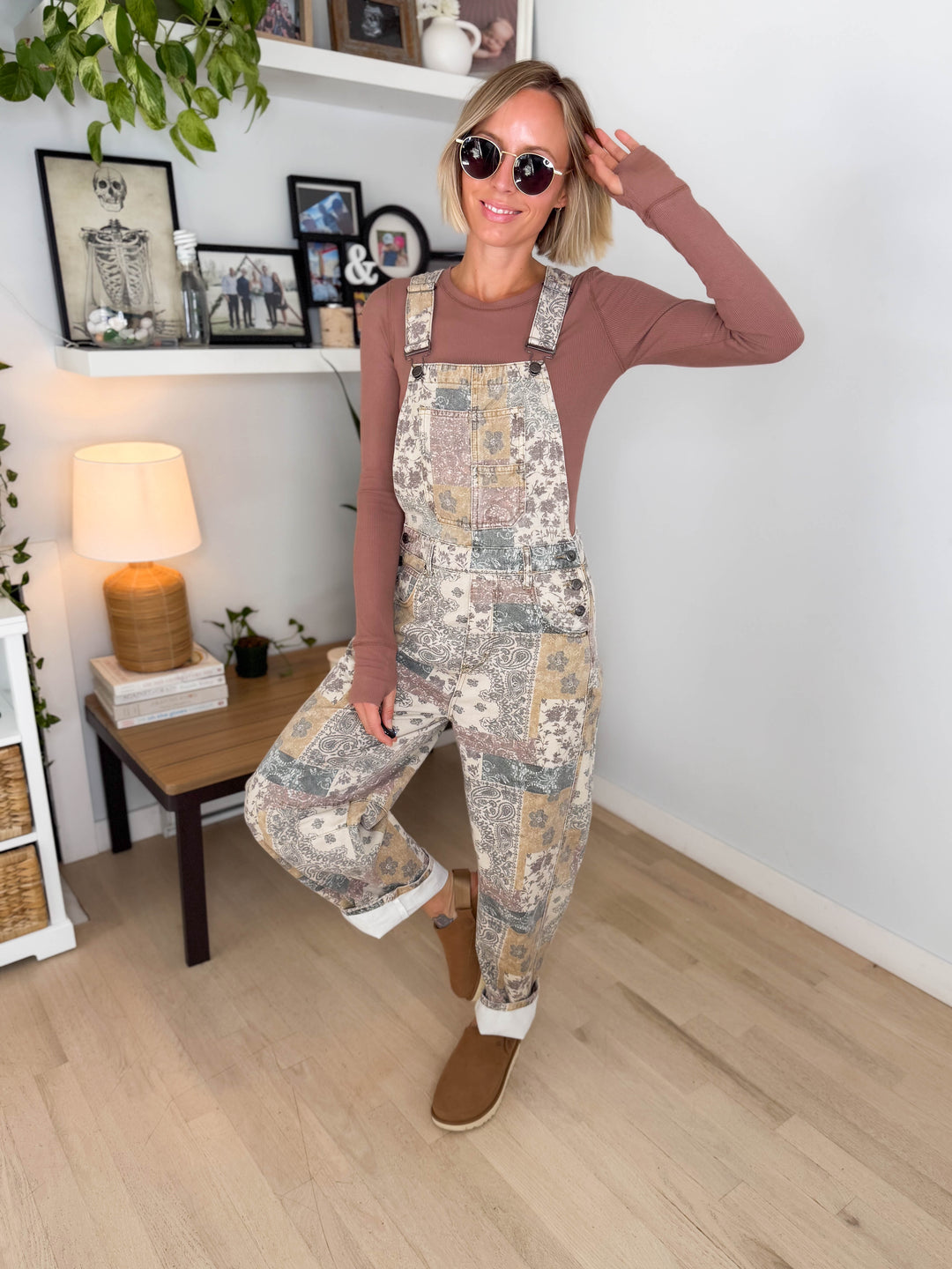 Fleur Vintage Floral Barrel Overalls- TAUPE MULTI